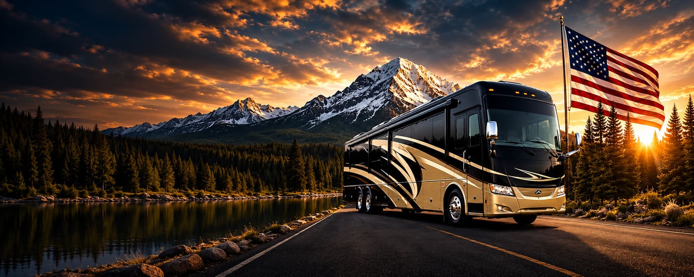 Luxury motorcoach on a mountain road at sunset