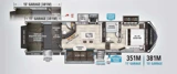 Factory 351M/381M floor plan — 381M has the 15-foot garage; options shown. 2019 Grand Design brochure, page 10.